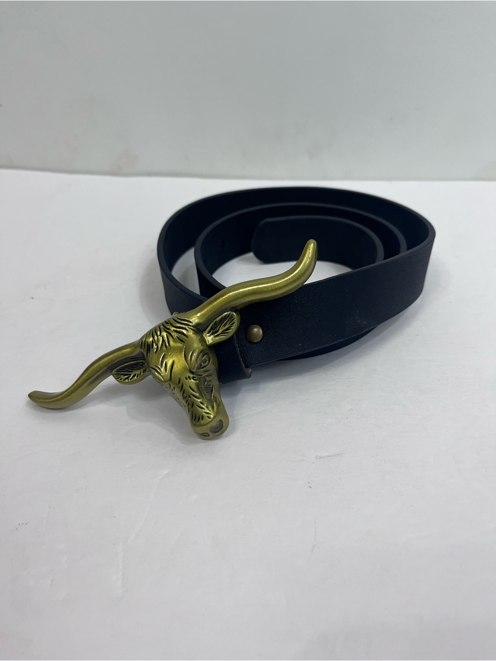 Black Leather Belt with Longhorn Buckle